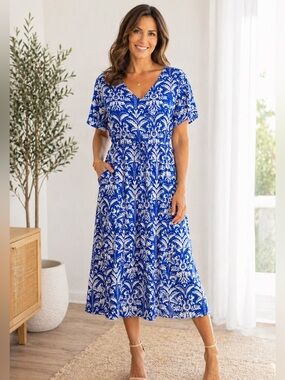 Blue White Tropical Floral Midi Dress Flowy Boho Vacation Resort Summer Plus 0X